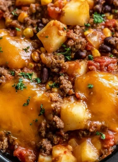 Delicious Slow Cooker Cowboy Casserole in a rustic dish