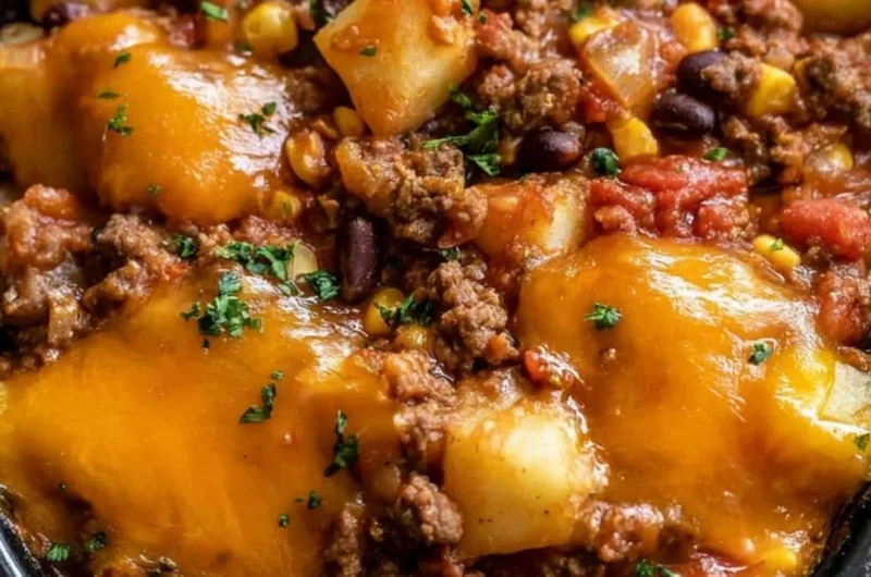 Delicious Slow Cooker Cowboy Casserole in a rustic dish