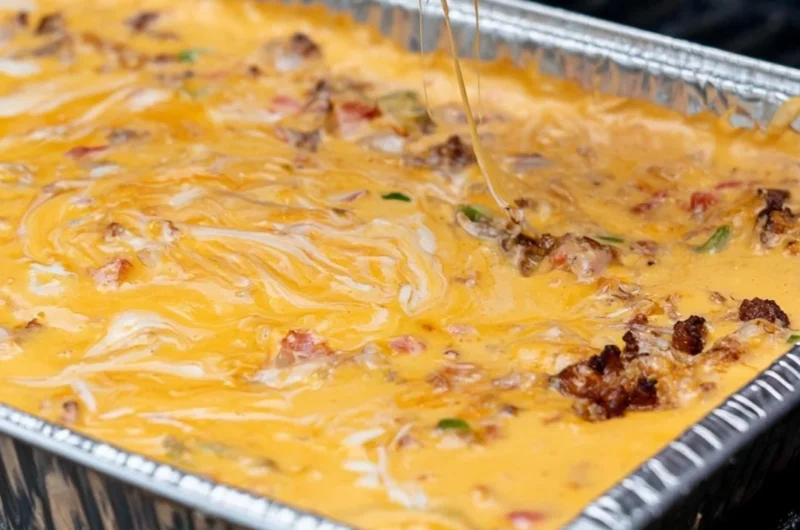 Delicious smoked queso dip in a bowl with tortilla chips.