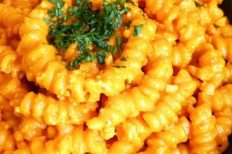 Delicious spicy pepper paste pasta garnished with fresh herbs