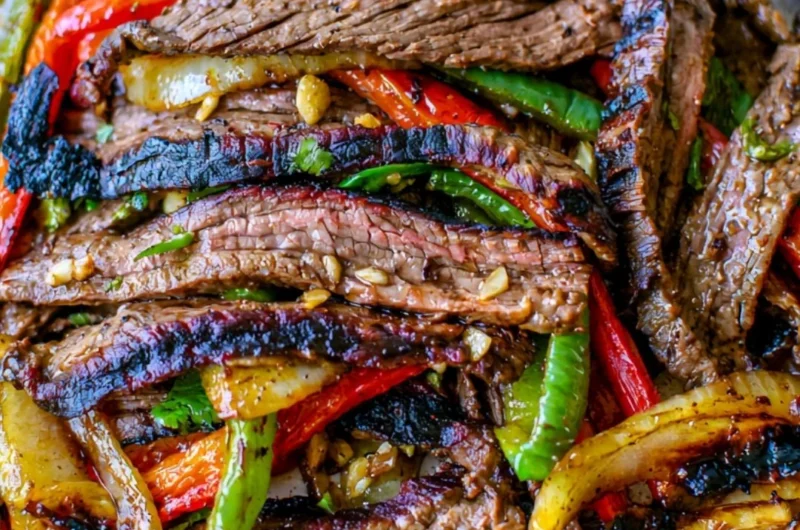Delicious steak fajitas with grilled peppers and onions served on a plate