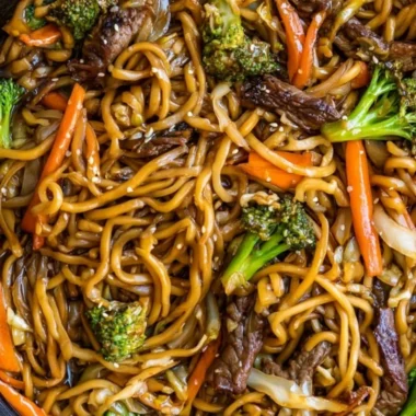 Delicious Beef Lo Mein stir-fried noodles with vegetables and beef.