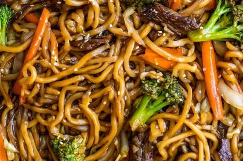 Delicious Beef Lo Mein stir-fried noodles with vegetables and beef.