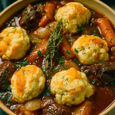 Hearty beef stew topped with cheddar herb dumplings, perfect for a cozy meal.