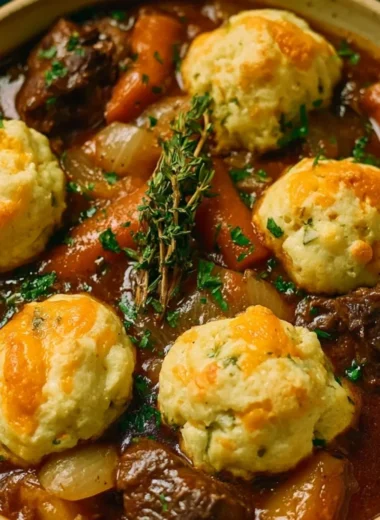 Hearty beef stew topped with cheddar herb dumplings, perfect for a cozy meal.