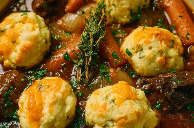 Hearty beef stew topped with cheddar herb dumplings, perfect for a cozy meal.