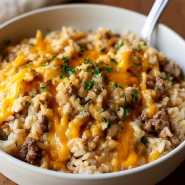 Cheesy ground beef and rice casserole served in a baking dish