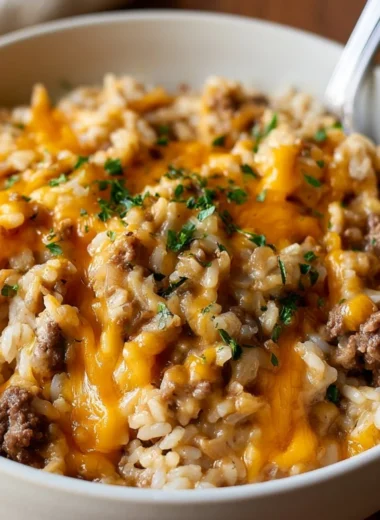 Cheesy ground beef and rice casserole served in a baking dish