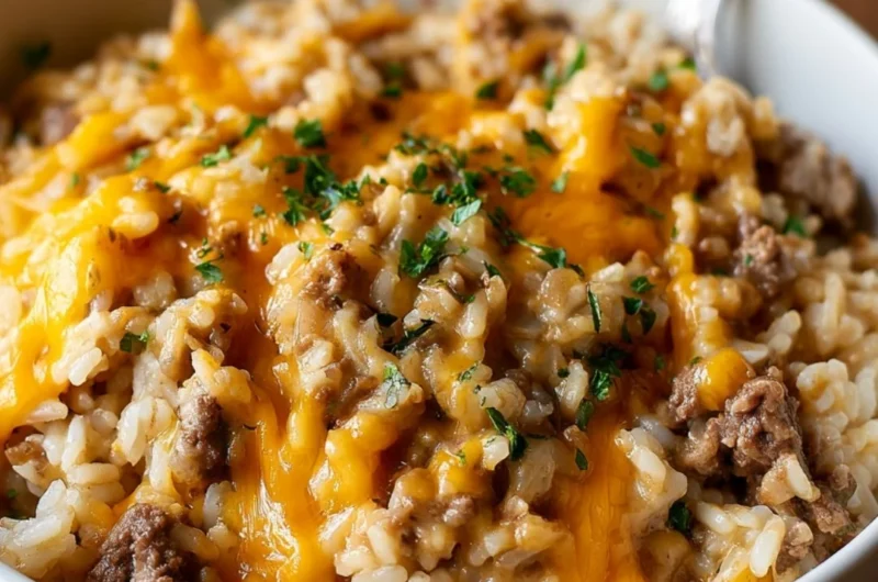 Cheesy ground beef and rice casserole served in a baking dish