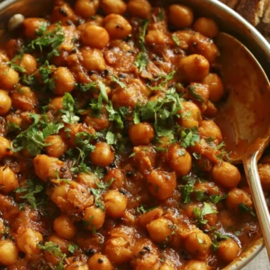 Bowl of chickpea masala with spices and herbs, a flavorful vegetarian dish