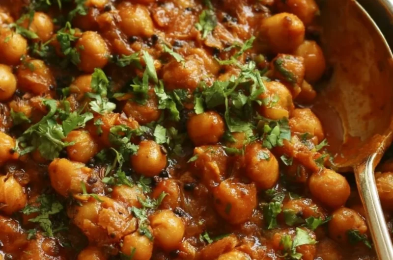 Bowl of chickpea masala with spices and herbs, a flavorful vegetarian dish