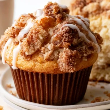Freshly baked coffee cake muffins with a crumb topping and coffee cup