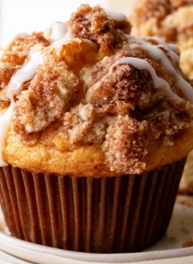 Freshly baked coffee cake muffins with a crumb topping and coffee cup
