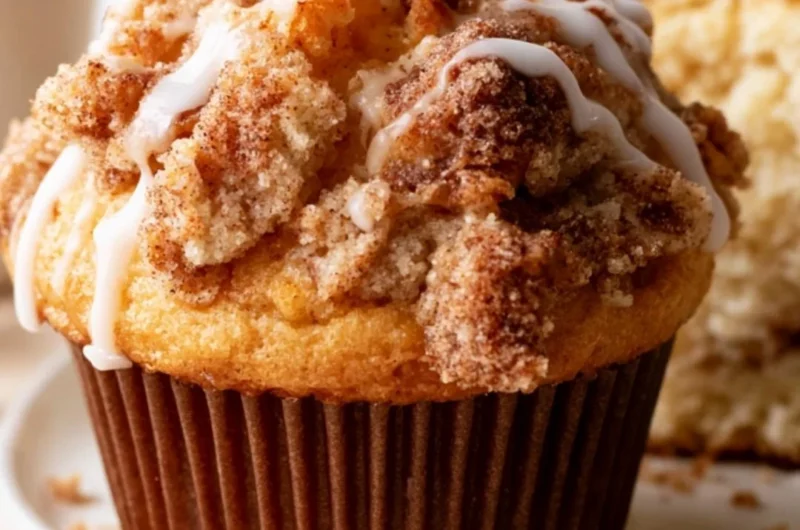 Freshly baked coffee cake muffins with a crumb topping and coffee cup