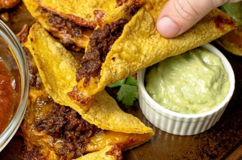 Crispy beef tacos topped with fresh ingredients and served on a plate