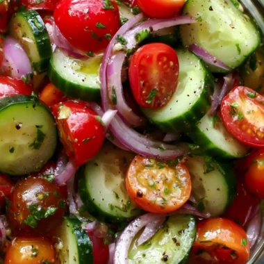Fresh cucumber tomato salad with herbs and dressing in a bowl.