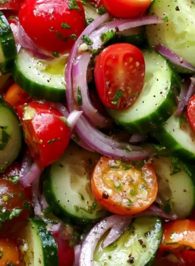 Fresh cucumber tomato salad with herbs and dressing in a bowl.