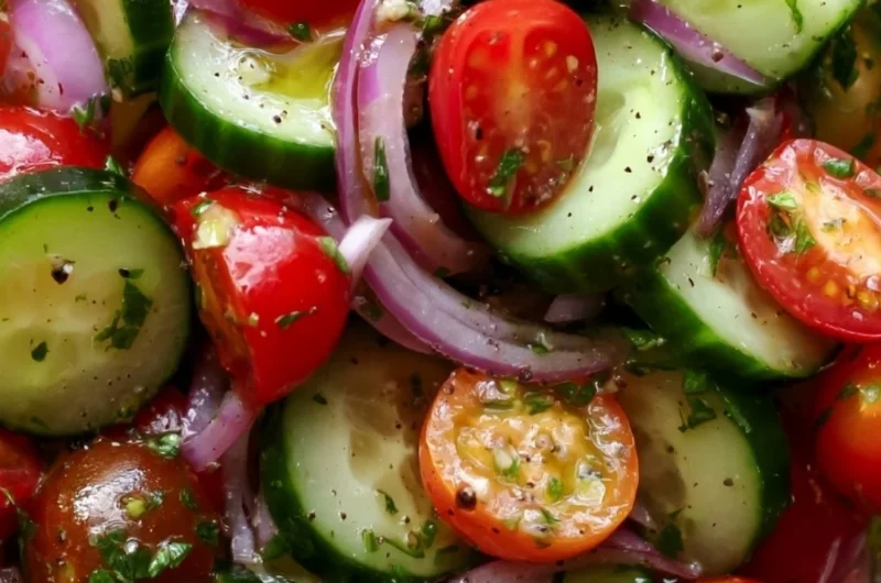 Fresh cucumber tomato salad with herbs and dressing in a bowl.