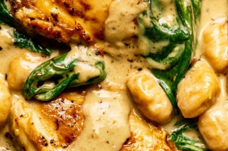 One Pan Chicken Gnocchi dish with creamy sauce and fresh herbs