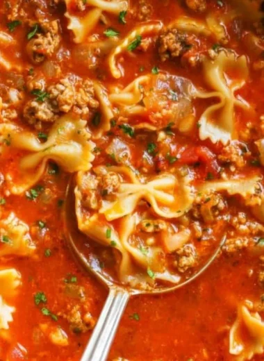 Delicious One-Pot Lasagna Soup served in a bowl with fresh herbs