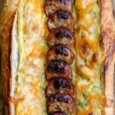 Delicious quiche baguette filled with savory ingredients on a wooden board