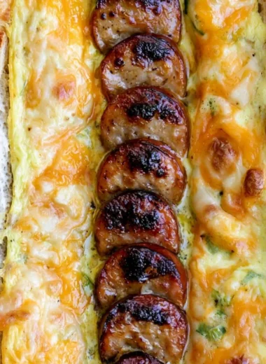 Delicious quiche baguette filled with savory ingredients on a wooden board