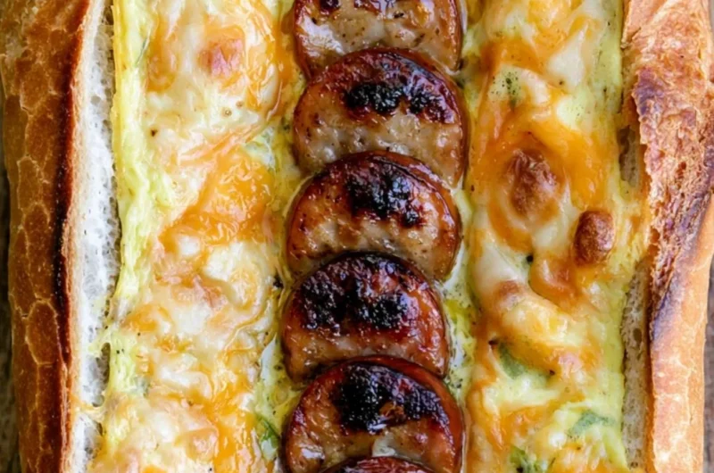 Delicious quiche baguette filled with savory ingredients on a wooden board