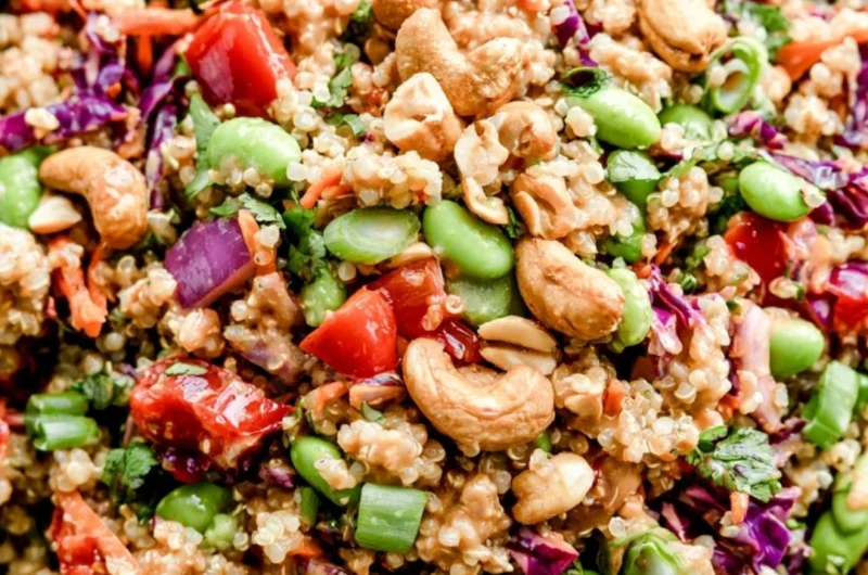 Delicious Thai Quinoa Salad with fresh vegetables and dressing.