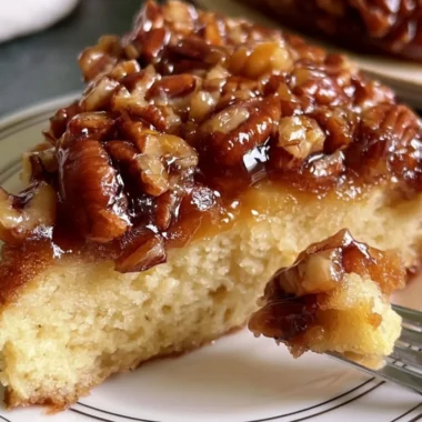 Delicious upside down caramel pecan cake with a rich caramel glaze and pecans.