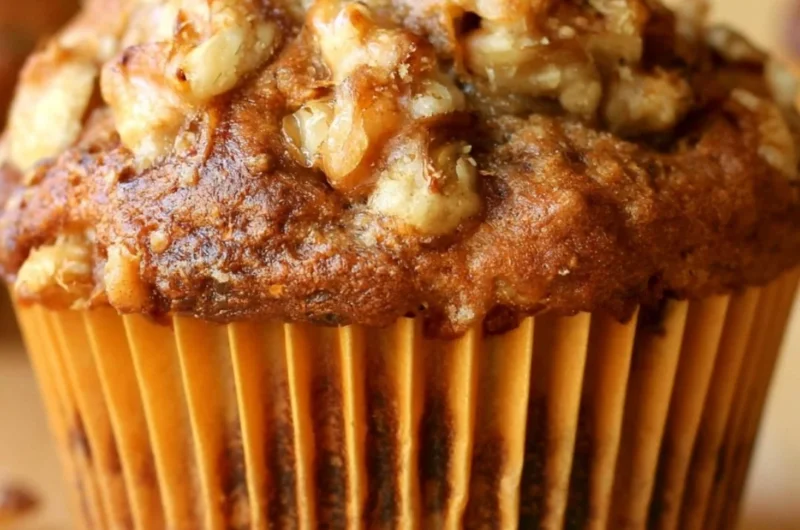 Freshly baked Banana Nut Muffins on a wooden serving board