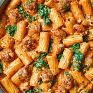 Creamy sausage rigatoni with spinach, garlic, and tomato cream sauce in a pan