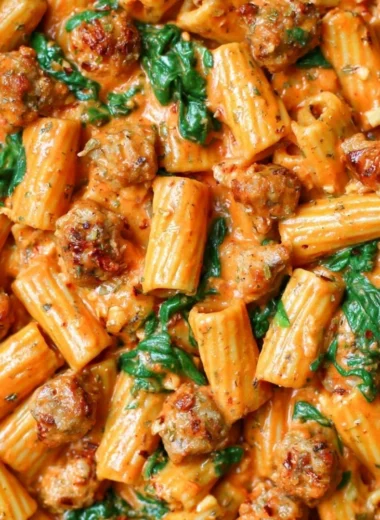 Creamy sausage rigatoni with spinach, garlic, and tomato cream sauce in a pan