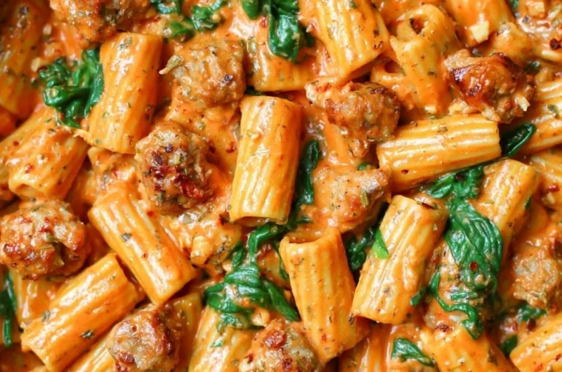 Creamy sausage rigatoni with spinach, garlic, and tomato cream sauce in a pan