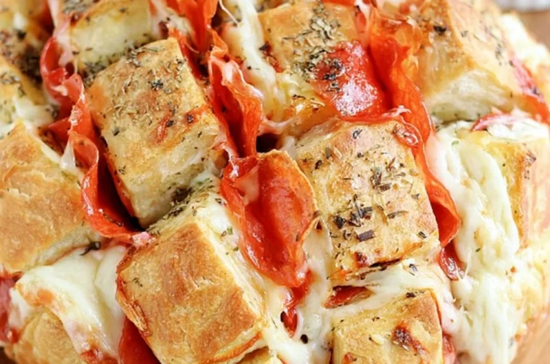 Pepperoni pizza pull-apart bread appetizer served on a platter