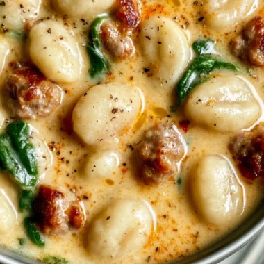 Creamy Italian sausage gnocchi soup in a bowl, garnished with parsley.