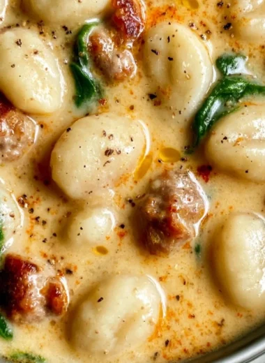 Creamy Italian sausage gnocchi soup in a bowl, garnished with parsley.