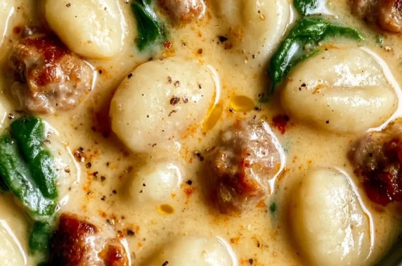 Creamy Italian sausage gnocchi soup in a bowl, garnished with parsley.