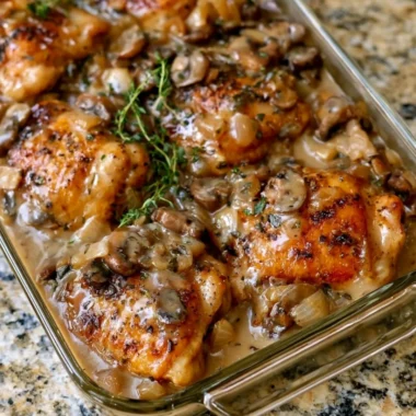 Baked chicken thighs topped with mushroom sauce in a glass dish