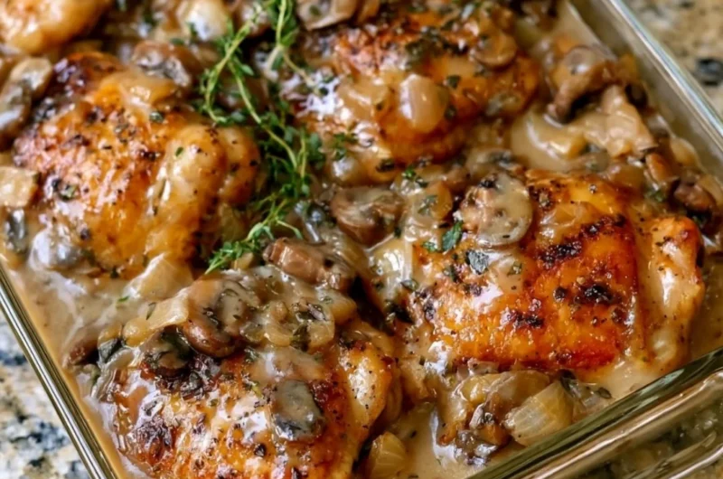 Baked chicken thighs topped with mushroom sauce in a glass dish