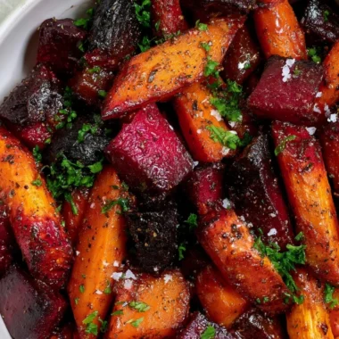 Roasted beets and carrots served in a bowl with herbs and spices.