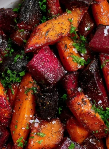 Roasted beets and carrots served in a bowl with herbs and spices.