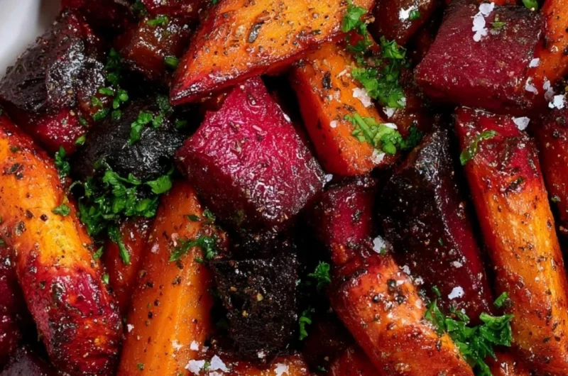 Roasted beets and carrots served in a bowl with herbs and spices.