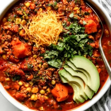 Delicious sweet potato turkey chili served in a bowl.
