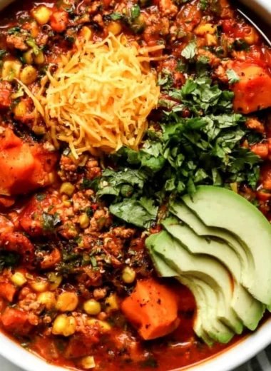 Delicious sweet potato turkey chili served in a bowl.