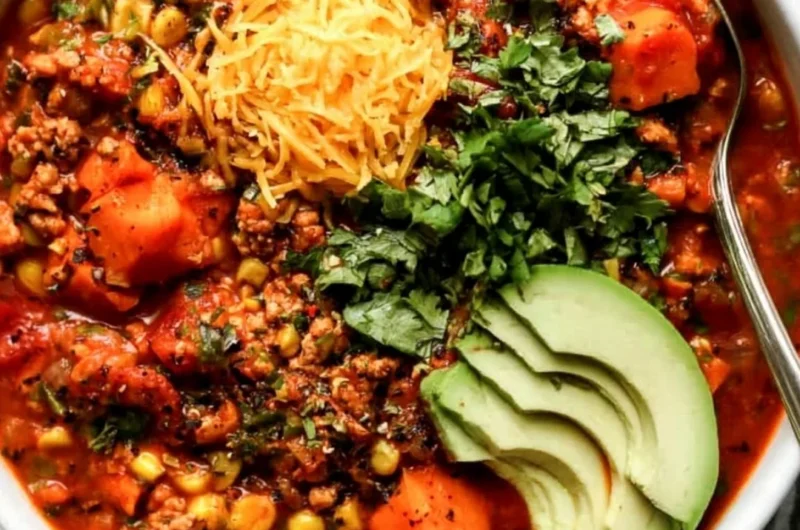 Delicious sweet potato turkey chili served in a bowl.