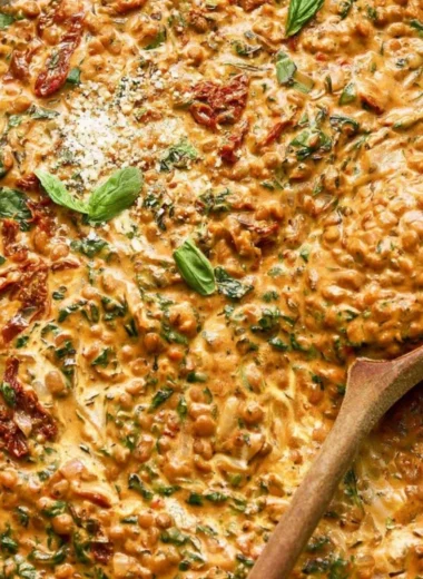 Creamy Marry Me Lentils dish with brown lentils, cream, and spinach