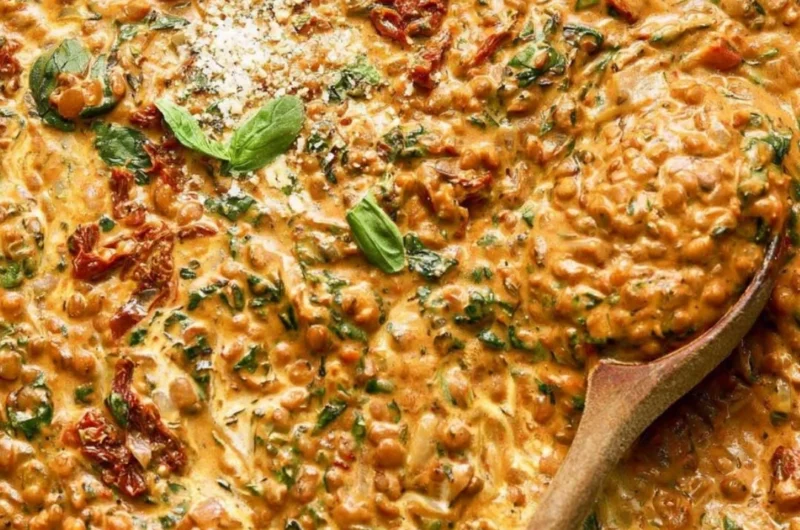 Creamy Marry Me Lentils dish with brown lentils, cream, and spinach
