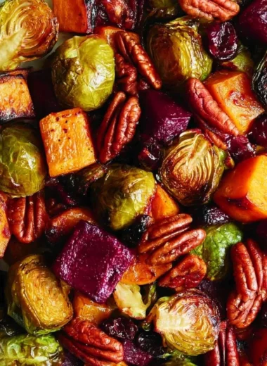 Winter Vegetable Salad with roasted butternut squash, Brussels sprouts, and beets