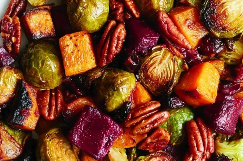 Winter Vegetable Salad with roasted butternut squash, Brussels sprouts, and beets